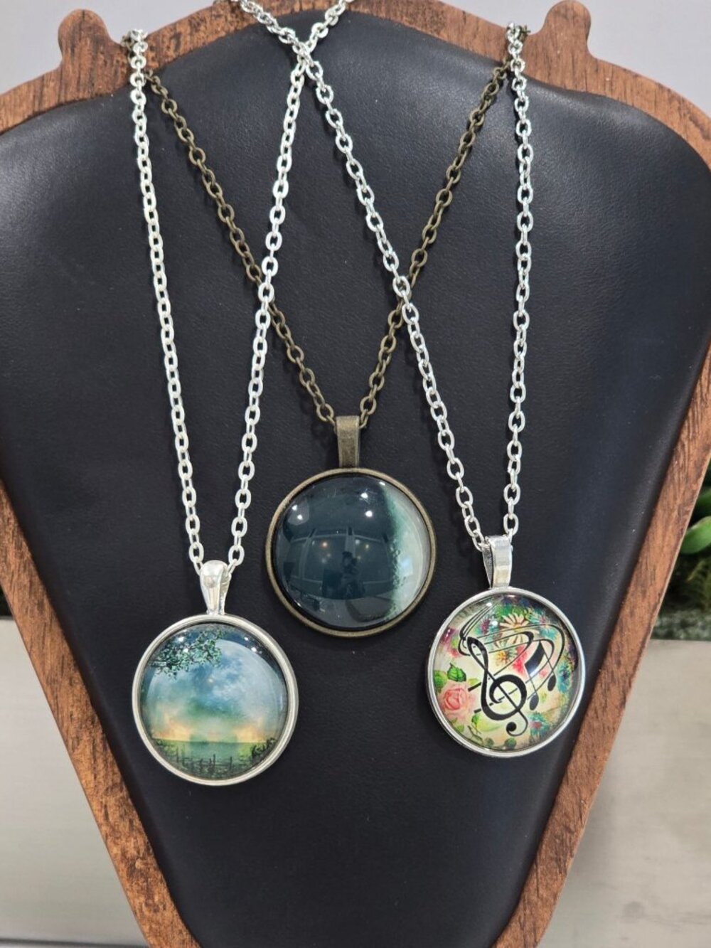 Artisan Glass Cabochon Pendant Necklace Moonlit Galaxy Sunset Meadow Landscape